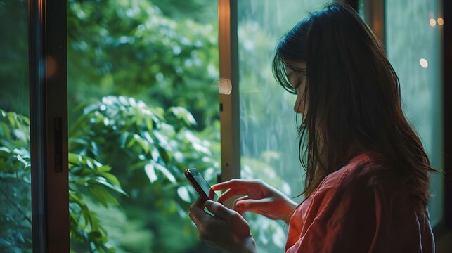 Young woman using smartphone at window with view