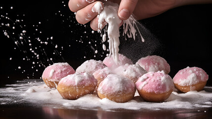A hand sprinkling powdered sugar over a warm batch of beignets