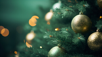 Christmas background with copy space Branches of green New Year tree decorated with red blue golden