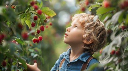 Cute curious boy looking up at raspberries on branch