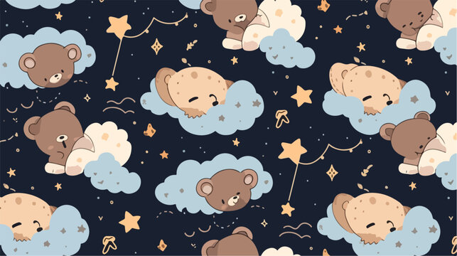 Seamless pattern with cute sleeping bear cloud star
