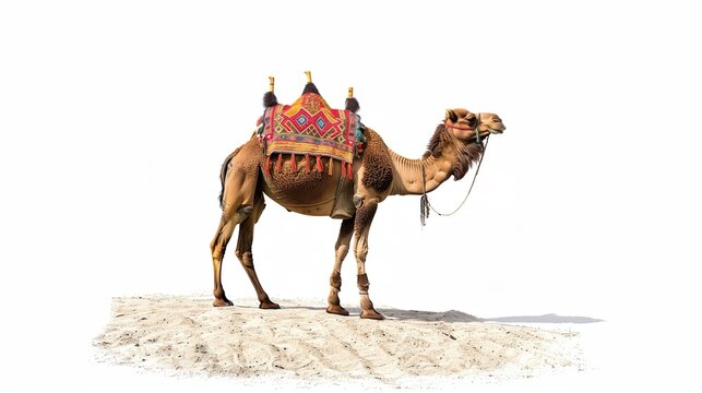 Photograph of brown camel isolated on white background.
