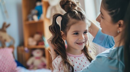 Mother fixing daughters hair into pigtails in bedroom