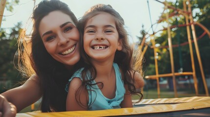 Portrait of happy mother and daughter on playground tram - Powered by Adobe