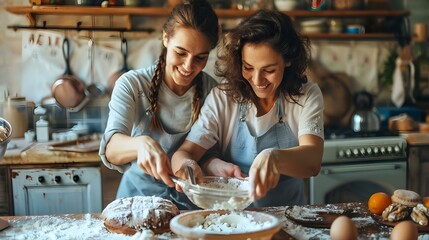 Happy mother and daughter baking in kitchen
