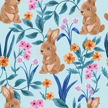 Brown rabit bunny be happy in the flower garden seamless pattern