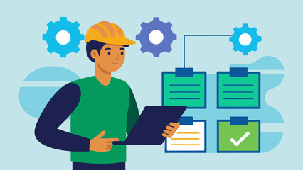A maintenance manager reviews data reports and schedules tasks accordingly ensuring minimal disruption and maximum equipment availability. - obrazy, fototapety, plakaty