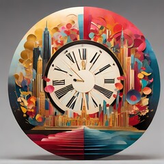 A colorful circular hanging wall clock with a cityscape in the background. 