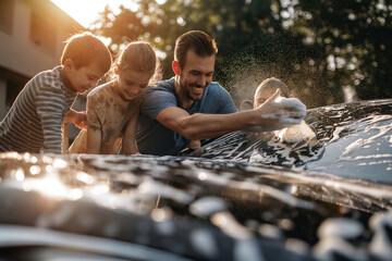 a happy family washing their car in daytime. they very happy and enjoy - obrazy, fototapety, plakaty