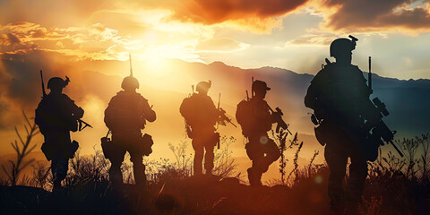 Close up a navy seal modern solders action team with sunset background illustration - obrazy, fototapety, plakaty