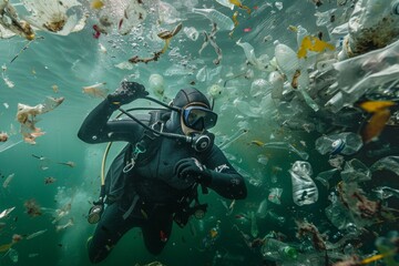 Underwater eco-diver in midst of cleaning operation amidst marine debris, Concept of oceanic preservation and waste management