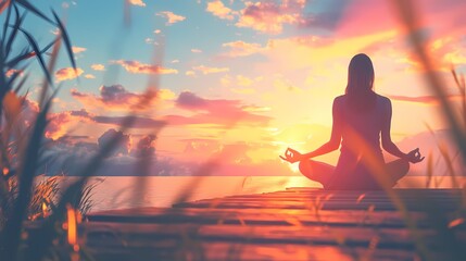 Woman in various yoga poses, the sun setting in the background. - obrazy, fototapety, plakaty