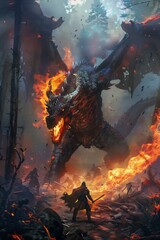 man standing front dragon sword video fire giant oil breathing streaming forbidden forest maw background battle scene huge armies - obrazy, fototapety, plakaty