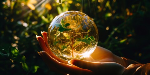 Conceptual Representation of Sustainable Environment and Renewable Energy in a Crystal Ball Held in Hands