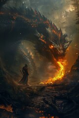 man standing front dragon sword gorgeous casting fire spell illustration encounter streaming shadows high oil forest - obrazy, fototapety, plakaty