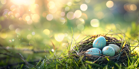 Fototapeta na wymiar Close up nest with easter eggs in grass on a sunny spring bokeh lights background illustration