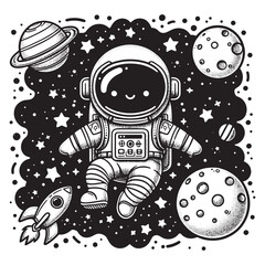 Vector Astronaut floating in space black and white cartoon lines cute