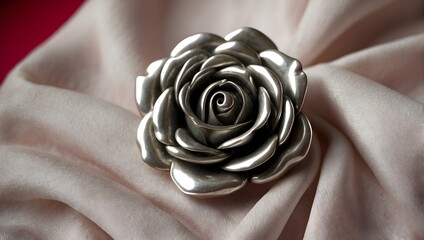 A vintage silver brooch in the shape of a rose, detailed petals unfolding, pinned on a silk scarf Generative AI - obrazy, fototapety, plakaty