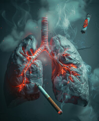 A powerful visual metaphor for the harmful effects of smoking, featuring a pair of human lungs composed of ash and tar, being penetrated by a burning cigarette. 