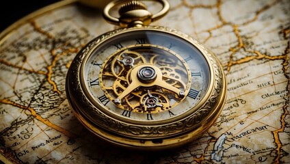 Fototapeta na wymiar An antique pocket watch, its intricate golden gears visible through a crystal back, resting on an old map Generative AI