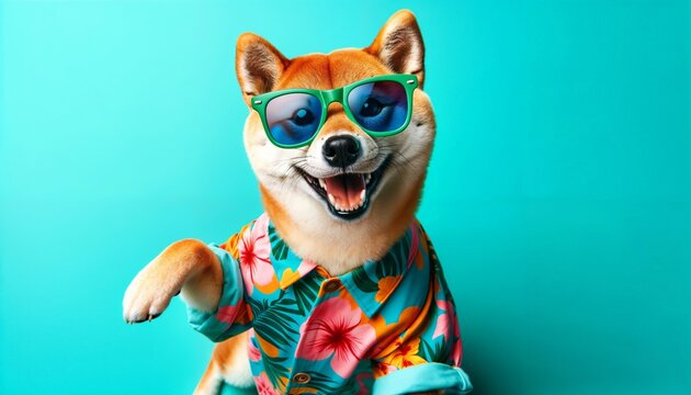 dog, shiba inu, doge, animal, funny, summer, tropical, beach, zoo, copy space, illustration, dogecoin