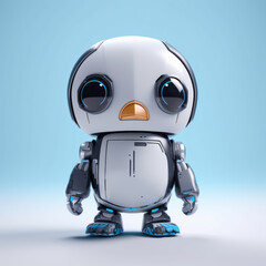 Fototapeta premium Adorable cartoon-styled robot penguin character with headphones on a blue background. The cute cybernetic creature has a futuristic design with detailed joints and metallic texture. 