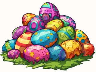 pile easter eggs green grass sticker rich clothing richly colored rated march overflowing chitin - obrazy, fototapety, plakaty