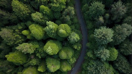Overhead snapshot of a scenic, curvy path cutting through a dense, rain-soaked woodland Generative AI - obrazy, fototapety, plakaty