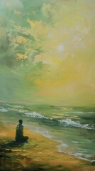 person sitting beach looking out ocean green gold palette banner dream sequence apprentice light boy jesus walking deep bright daylight moody standing alone cover