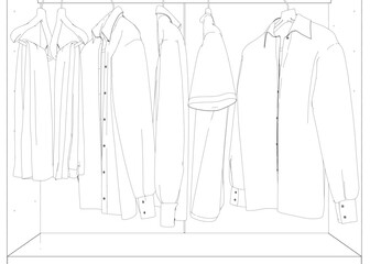 Outline of clothes on a hanger made of black lines isolated on a white background. Clothes hang in a row on a hanger. 3D. Vector illustration. Open wardrobe with clothes.