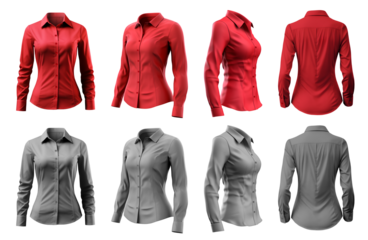 2 Set of woman red maroon grey gray button up long sleeve collar slim fitting shirt front, back side view on transparent background cutout, PNG file. Mockup template for artwork graphic design