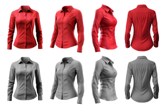 2 Set of woman red maroon grey gray button up long sleeve collar slim fitting shirt front, back side view on transparent background cutout, PNG file. Mockup template for artwork graphic design