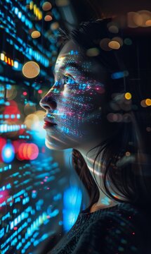woman face painted glowing computer screens parallelism equations navigation command center engaging