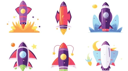 Fotobehang Ruimteschip Set of icons with space rocket flat cartoon vactor