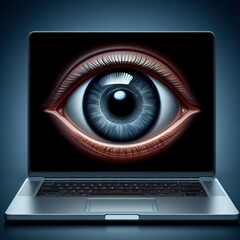 a big eye peering out from a laptop screen, symbolizing the concept of spying or surveillance - obrazy, fototapety, plakaty