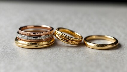 A set of stacking rings, each featuring a different precious metal and texture, arranged in ascending order Generative AI