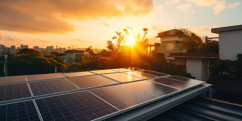 Residential Solar rooftop Solar Panels Photovoltaic instalation plant in a house with leafs and flowers around at sunset

