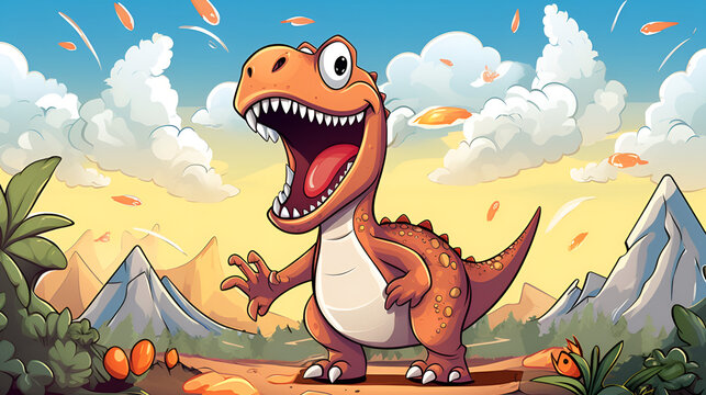 a painting of a Dinosaur roaring under the blue and cloudy sky cartoon illustration background