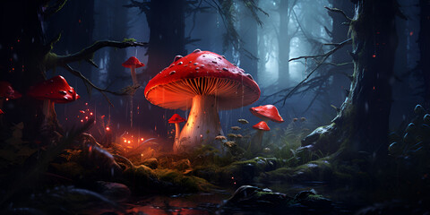 Fly Agaric Mushrooms In The Forest A Foggy Night  - obrazy, fototapety, plakaty