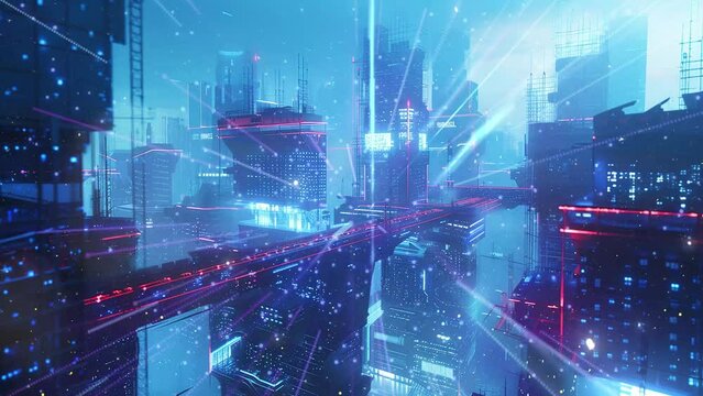 blue neon cyberpunk future. futuristic city. seamless looping overlay 4k virtual video animation background