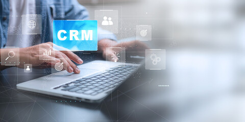 CRM - Customer Relationship Management. Businessman hold of global structure , Data exchanges...