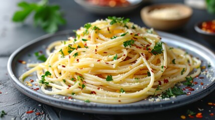 A plate of spaghetti aglio e olio with parsley and chili flakes