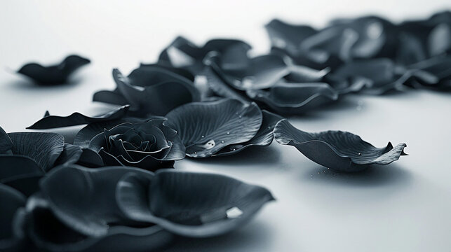 Elegant Black Rose Petals Scattered in a Semi-Circle on Floor, Perfect for Romantic Concepts with Text or Photos, Focused Lighting, White Background