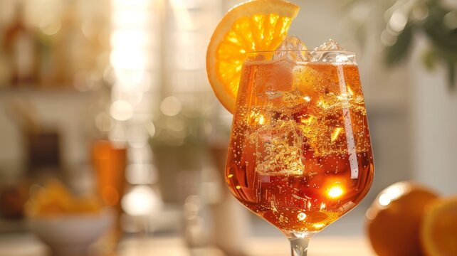 A refreshing Aperol spritz with an orange slice and bubbles