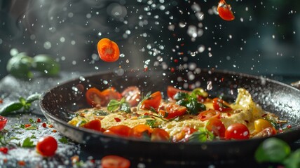 A sizzling skillet with an omelet being flipped, vegetables in mid-air - obrazy, fototapety, plakaty