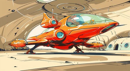 cartoon illustration orange vehicle space station flying arrows sneaker design helicopter long flowing fins anthropomorphic