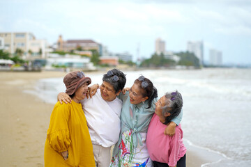 senior friends enjoy a sunny day at the beach. The group's active engagement create a vibrant...