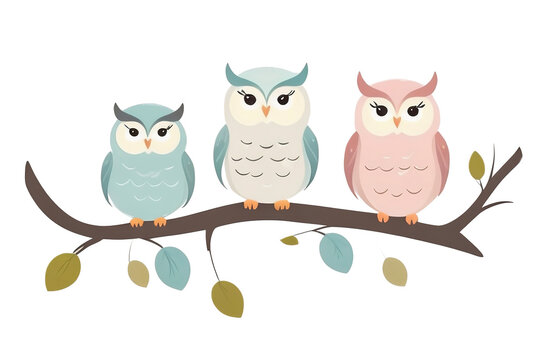 owls are sitting in a row on a tree branch. isolated transparent background. Wall decor, wall art sticker, banner, home decoration