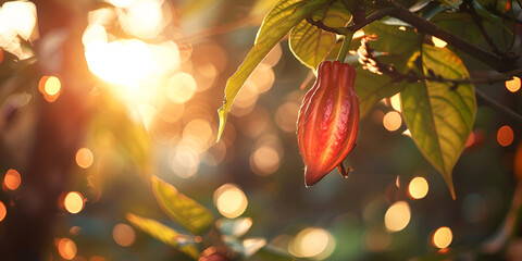 beautiful ripe cocoa bean fruit on tree with light glow from behind Generative Ai - obrazy, fototapety, plakaty