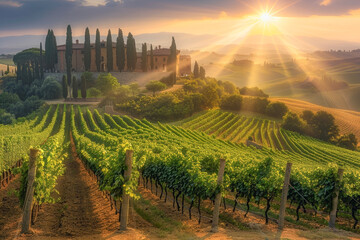 A vineyard for wine that shines in the morning sun - obrazy, fototapety, plakaty